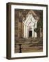 Silhouette of a Woman with Tray on Her Head Walking Past Stupa Entrance, Near Mandalay, Myanmar-Eitan Simanor-Framed Photographic Print