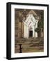 Silhouette of a Woman with Tray on Her Head Walking Past Stupa Entrance, Near Mandalay, Myanmar-Eitan Simanor-Framed Photographic Print