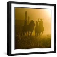 Silhouette of a Wrangler Roping Horses, Ponderosa Ranch, Seneca, Oregon, USA-Wendy Kaveney-Framed Photographic Print