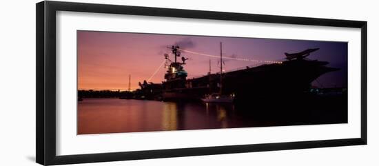 Silhouette of an Aircraft Carrier in the Sea, USS Intrepid, New York City, New York State, USA-null-Framed Photographic Print