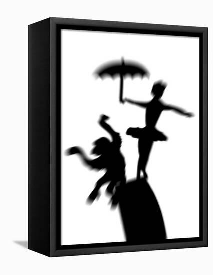 Silhouette of Ballerina Holding Umbrella with Performing Monkey-Winfred Evers-Framed Stretched Canvas