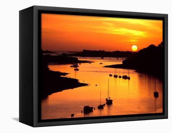 Silhouette of boats and buoys in a river, Aber Wrac'h, Abers Coast, Finistere, Brittany, France-null-Framed Stretched Canvas