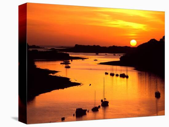 Silhouette of boats and buoys in a river, Aber Wrac'h, Abers Coast, Finistere, Brittany, France-null-Stretched Canvas