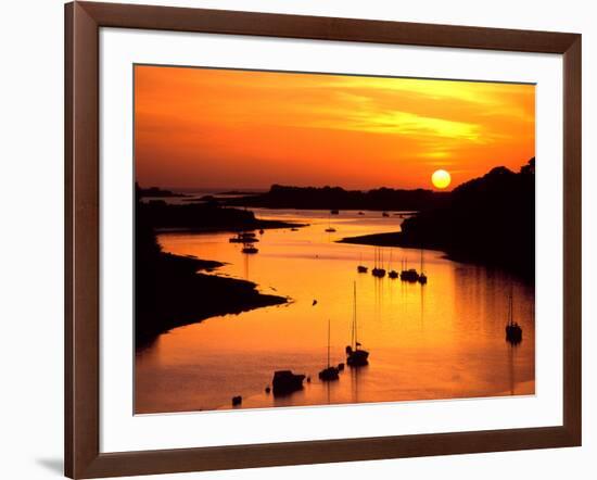 Silhouette of boats and buoys in a river, Aber Wrac'h, Abers Coast, Finistere, Brittany, France-null-Framed Photographic Print