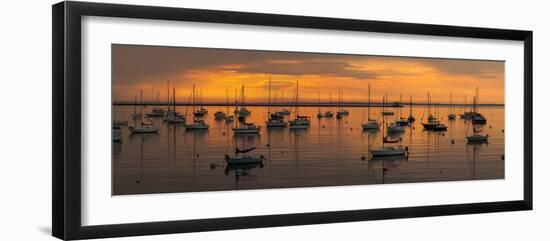 Silhouette of boats in Atlantic ocean at dusk, Rockland Harbor, Rockland, Knox County, Maine, USA-null-Framed Photographic Print