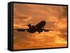 Silhouette of Commercial Airplane at Sunset-Mitch Diamond-Framed Stretched Canvas