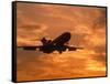 Silhouette of Commercial Airplane at Sunset-Mitch Diamond-Framed Stretched Canvas