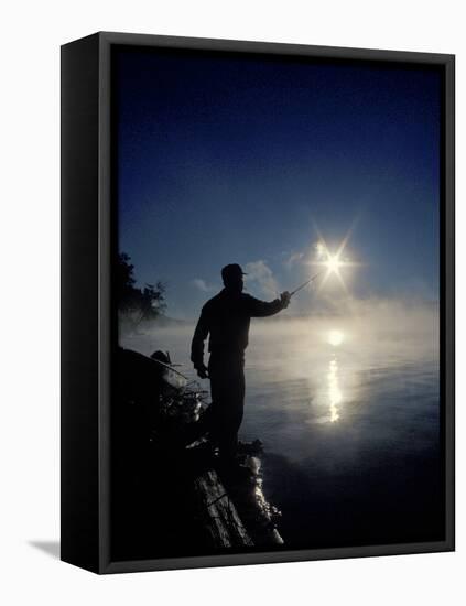 Silhouette of Fisherman Casting a Line into Lake, Ontario, Canada-Mark Carlson-Framed Stretched Canvas