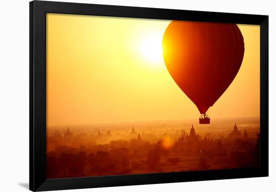 Silhouette of Hot Air Balloon over Bagan in Myanmar, Tourists Watching Sunrise over Ancient City-Daxiao Productions-Framed Photographic Print