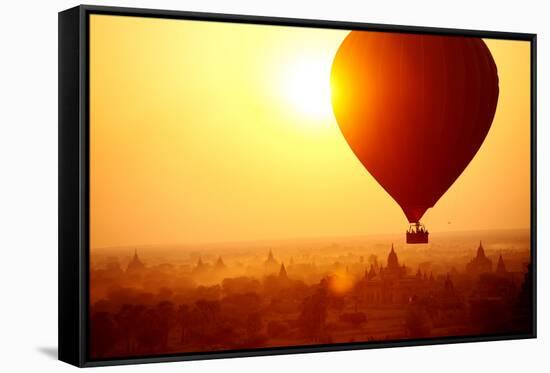 Silhouette of Hot Air Balloon over Bagan in Myanmar, Tourists Watching Sunrise over Ancient City-Daxiao Productions-Framed Stretched Canvas