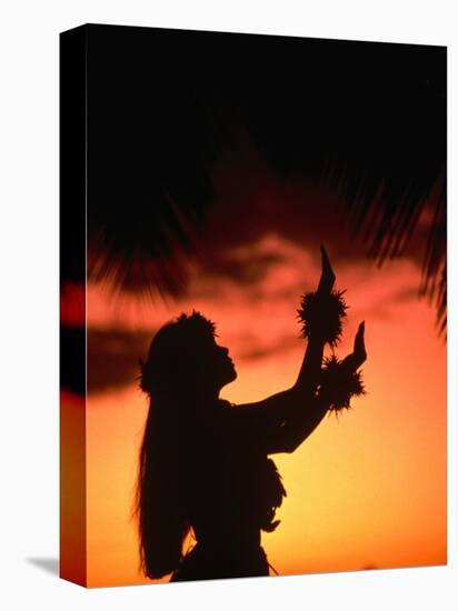 Silhouette of Hula Dancer on Waikiki Beach at Sunset, Waikiki, U.S.A.-Ann Cecil-Stretched Canvas