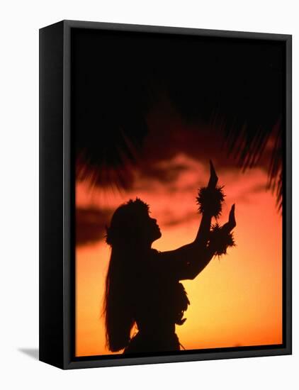 Silhouette of Hula Dancer on Waikiki Beach at Sunset, Waikiki, U.S.A.-Ann Cecil-Framed Stretched Canvas