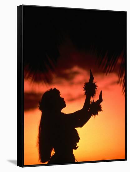 Silhouette of Hula Dancer on Waikiki Beach at Sunset, Waikiki, U.S.A.-Ann Cecil-Framed Stretched Canvas