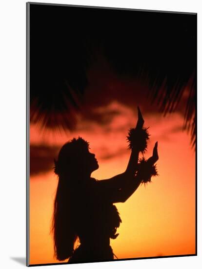 Silhouette of Hula Dancer on Waikiki Beach at Sunset, Waikiki, U.S.A.-Ann Cecil-Mounted Photographic Print