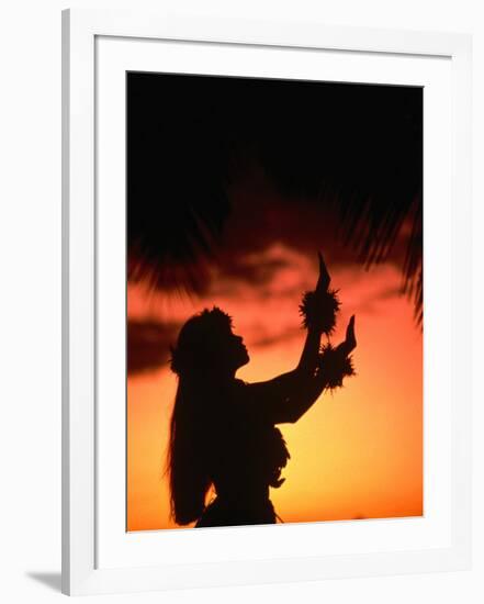 Silhouette of Hula Dancer on Waikiki Beach at Sunset, Waikiki, U.S.A.-Ann Cecil-Framed Photographic Print