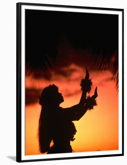 Silhouette of Hula Dancer on Waikiki Beach at Sunset, Waikiki, U.S.A.-Ann Cecil-Framed Photographic Print