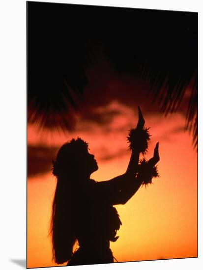 Silhouette of Hula Dancer on Waikiki Beach at Sunset, Waikiki, U.S.A.-Ann Cecil-Mounted Photographic Print