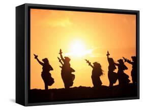 Silhouette of Hula Dancers at Sunrise, Molokai, Hawaii, USA-null-Framed Stretched Canvas