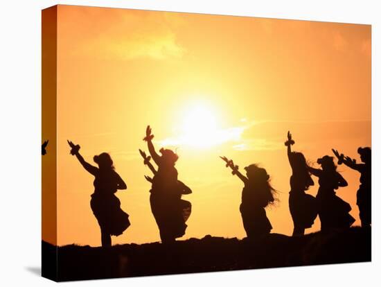 Silhouette of Hula Dancers at Sunrise, Molokai, Hawaii, USA-null-Stretched Canvas
