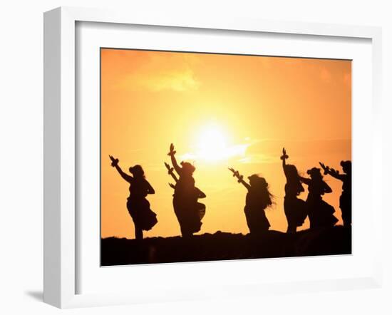 Silhouette of Hula Dancers at Sunrise, Molokai, Hawaii, USA-null-Framed Photographic Print