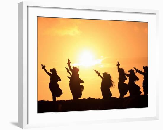 Silhouette of Hula Dancers at Sunrise, Molokai, Hawaii, USA-null-Framed Photographic Print