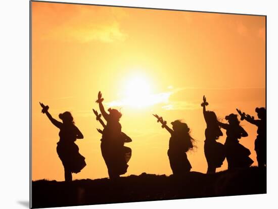 Silhouette of Hula Dancers at Sunrise, Molokai, Hawaii, USA-null-Mounted Photographic Print