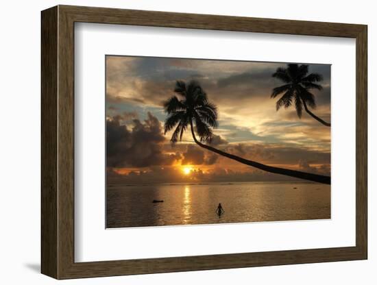 Silhouette of leaning palm trees and a woman at sunrise on Taveuni Island, Fiji, Pacific-Don Mammoser-Framed Photographic Print