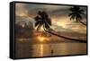 Silhouette of leaning palm trees and a woman at sunrise on Taveuni Island, Fiji, Pacific-Don Mammoser-Framed Stretched Canvas