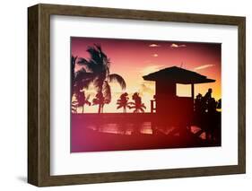 Silhouette of Life Guard Station at Sunset - Miami-Philippe Hugonnard-Framed Photographic Print