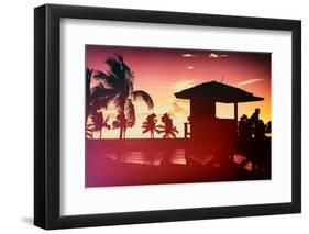 Silhouette of Life Guard Station at Sunset - Miami-Philippe Hugonnard-Framed Photographic Print