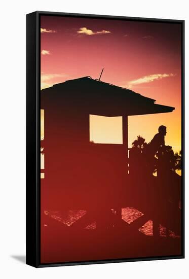 Silhouette of Life Guard Station at Sunset - Miami-Philippe Hugonnard-Framed Stretched Canvas