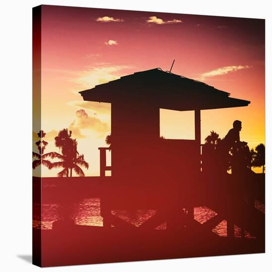 Silhouette of Life Guard Station at Sunset - Miami-Philippe Hugonnard-Stretched Canvas