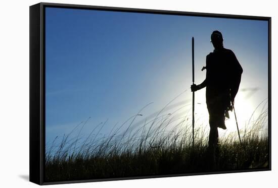 Silhouette of Maasai Warrior, Ngorongoro Crater, Tanzania-Paul Joynson Hicks-Framed Stretched Canvas