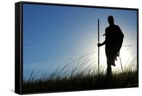 Silhouette of Maasai Warrior, Ngorongoro Crater, Tanzania-Paul Joynson Hicks-Framed Stretched Canvas