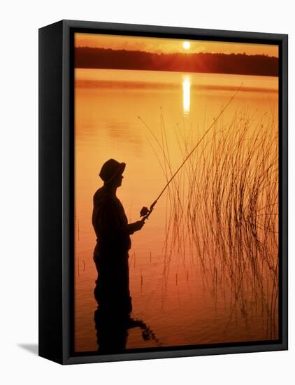 Silhouette of Man Fishing, Vilas City, WI-Ken Wardius-Framed Stretched Canvas