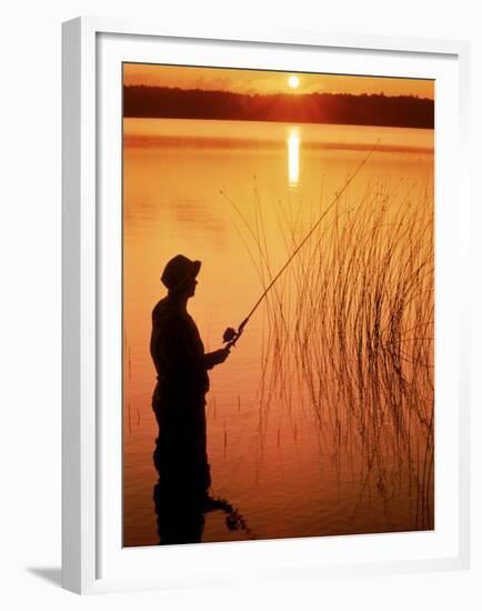 Silhouette of Man Fishing, Vilas City, WI-Ken Wardius-Framed Premium Photographic Print