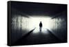 Silhouette Of Man Walking In Tunnel. Light At End Of Tunnel-Gladkov-Framed Stretched Canvas