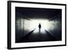 Silhouette Of Man Walking In Tunnel. Light At End Of Tunnel-Gladkov-Framed Art Print