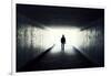 Silhouette Of Man Walking In Tunnel. Light At End Of Tunnel-Gladkov-Framed Art Print