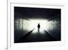 Silhouette Of Man Walking In Tunnel. Light At End Of Tunnel-Gladkov-Framed Art Print