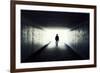 Silhouette Of Man Walking In Tunnel. Light At End Of Tunnel-Gladkov-Framed Art Print