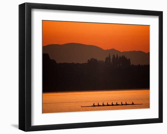 Silhouette of Men's Eights Rowing Team in Action, Vancouver Lake, Washington, USA-null-Framed Premium Photographic Print
