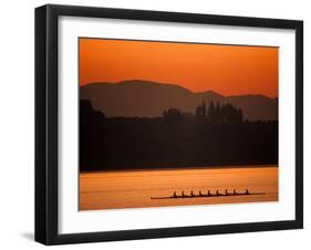 Silhouette of Men's Eights Rowing Team in Action, Vancouver Lake, Washington, USA-null-Framed Premium Photographic Print