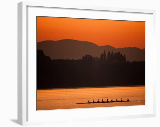 Silhouette of Men's Eights Rowing Team in Action, Vancouver Lake, Washington, USA-null-Framed Photographic Print