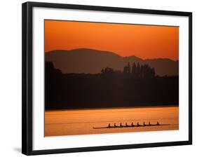 Silhouette of Men's Eights Rowing Team in Action, Vancouver Lake, Washington, USA-null-Framed Photographic Print