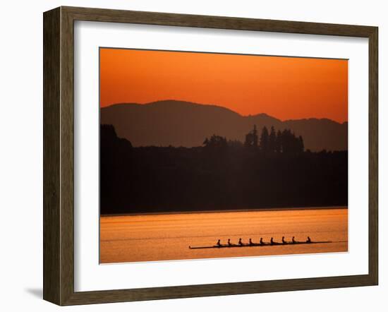 Silhouette of Men's Eights Rowing Team in Action, Vancouver Lake, Washington, USA-null-Framed Photographic Print