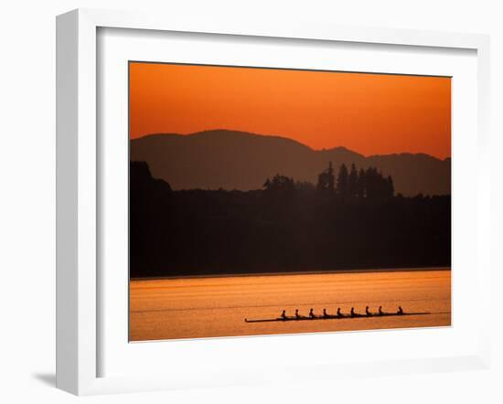 Silhouette of Men's Eights Rowing Team in Action, Vancouver Lake, Washington, USA-null-Framed Photographic Print