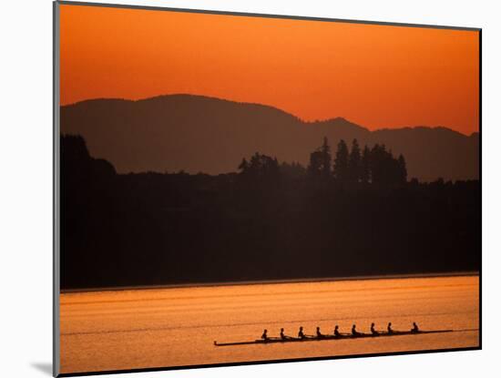 Silhouette of Men's Eights Rowing Team in Action, Vancouver Lake, Washington, USA-null-Mounted Photographic Print