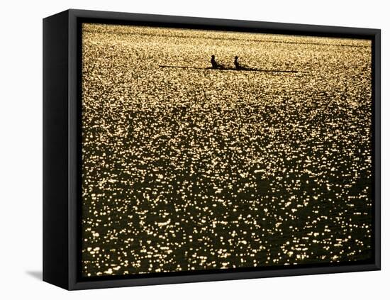 Silhouette of Men's Pairs Rowing Team in Action, Vancouver Lake, Georgia, USA-null-Framed Stretched Canvas