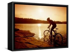 Silhouette of Mountain Biker at Sunset-null-Framed Stretched Canvas